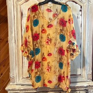 Umgee Floral V-Neck Blouse - Yellow, Red, Blue